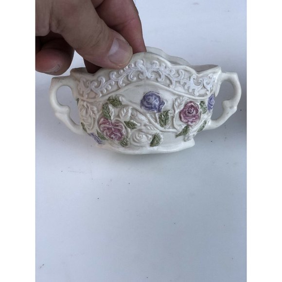 Ceramic Open Sugar Bowl and Creamer With Embossed Roses - Picture 3 of 10